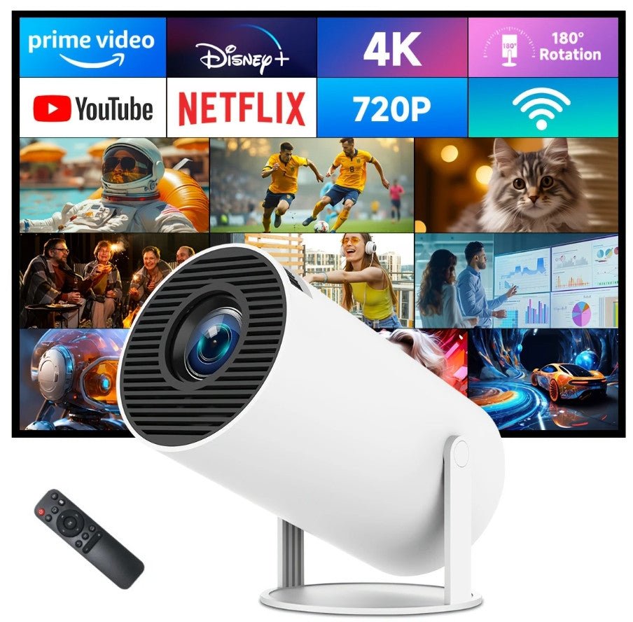 Portable Smart Projector | 4K Supported 720P HD Home Cinema with 180° Rotating Lens, Built-in Wi-Fi & Streaming Apps | Compact Projector for Bedroom, Gaming & Outdoor Movie Nights - Gadget | Trendwave