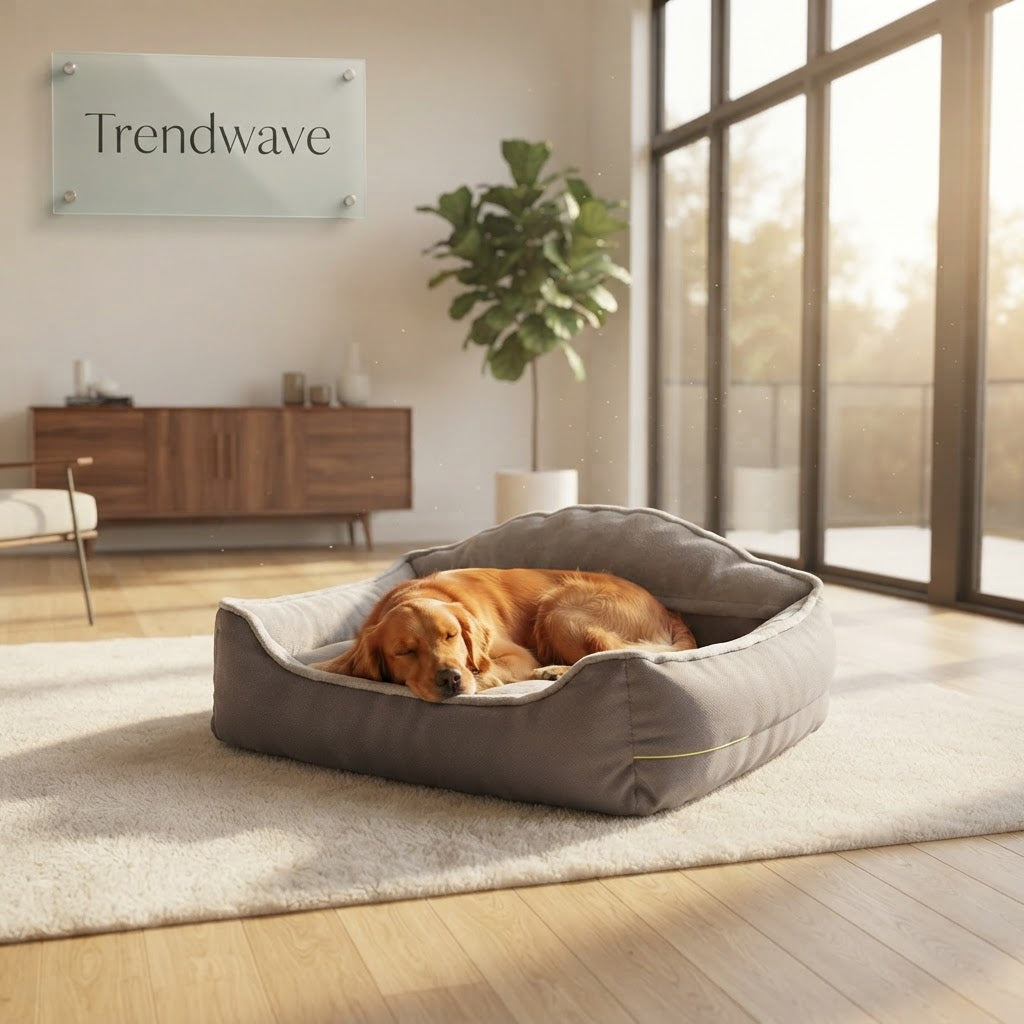 Gray oval dog bed with cushioned rim and light gray inner pad