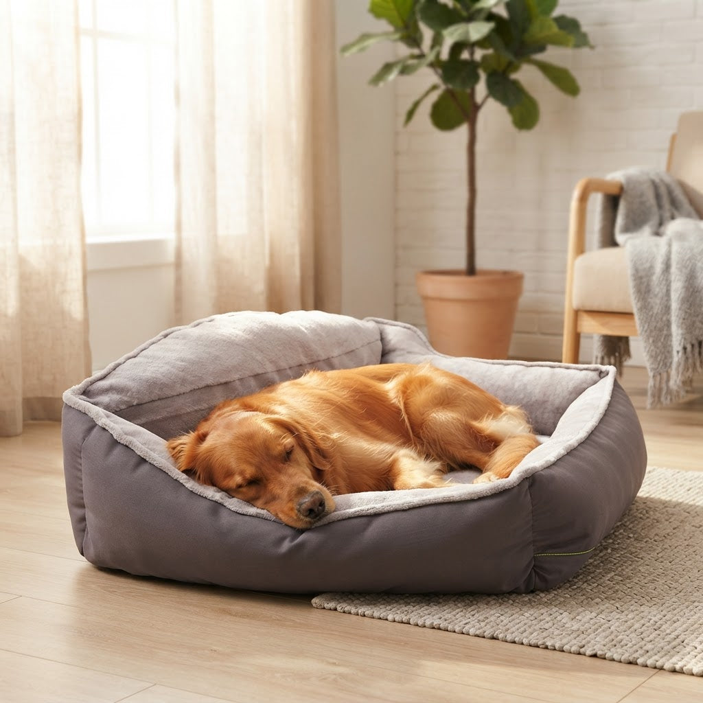 Gray oval dog bed with thick cushioned sides and soft light gray inner cushion