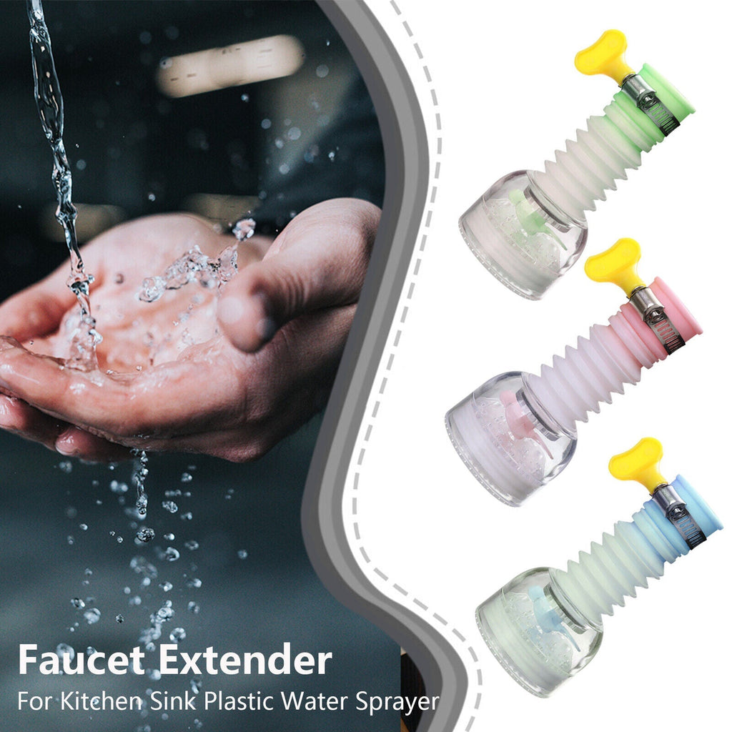 Set of plastic faucet extenders with yellow tips, transparent sleeves, and colored bands
