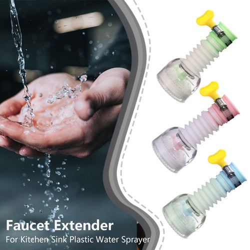 Set of plastic faucet extenders with yellow tips, transparent sleeves, and colored bands