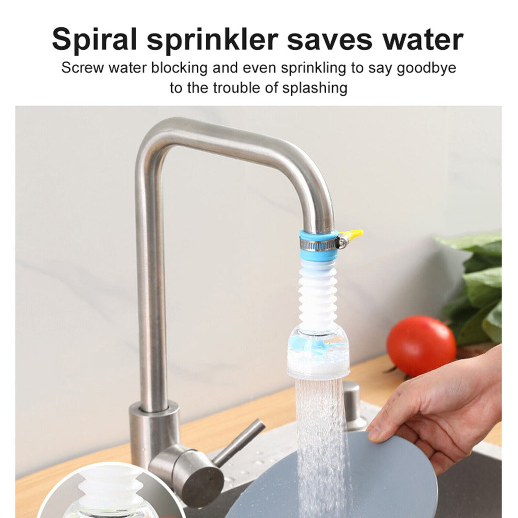 Transparent plastic faucet extender producing a steady spray on a silver kitchen faucet