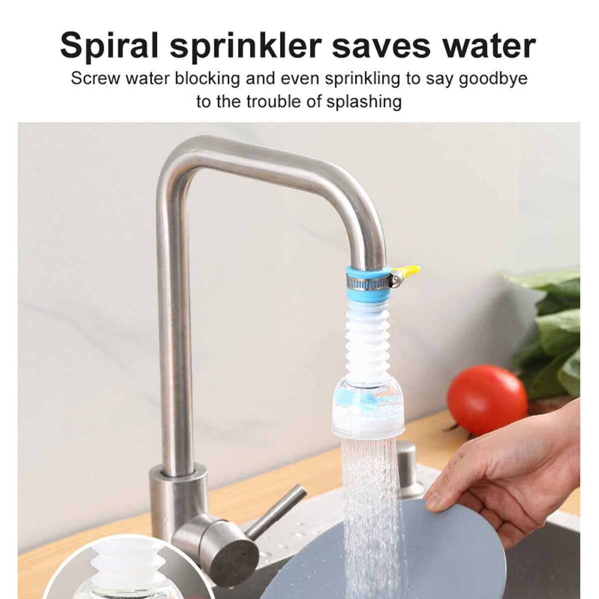 Transparent plastic faucet extender producing a steady spray on a silver kitchen faucet
