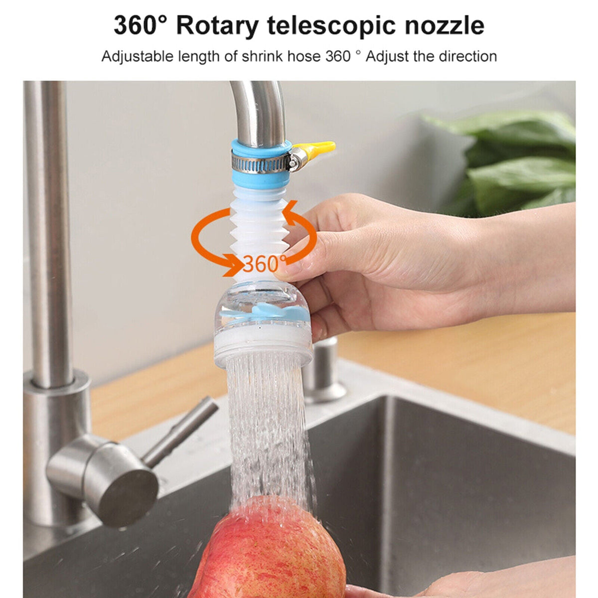 360° rotating plastic faucet extender with yellow side clip and telescoping sleeve