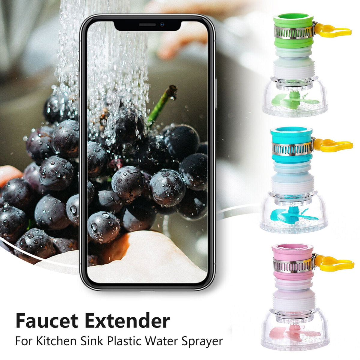 Plastic faucet extender set with transparent bodies, yellow connectors, and colored caps