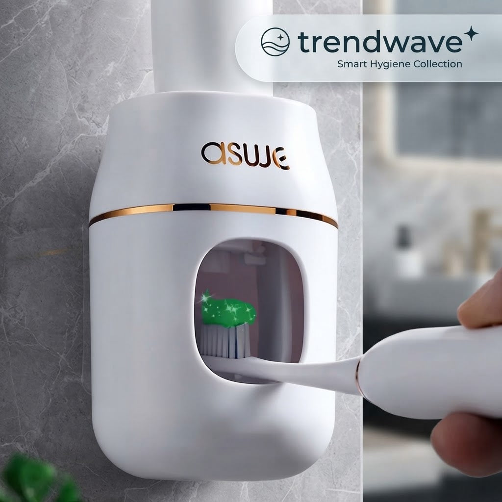 White automatic toothpaste dispenser dispensing paste from nozzle