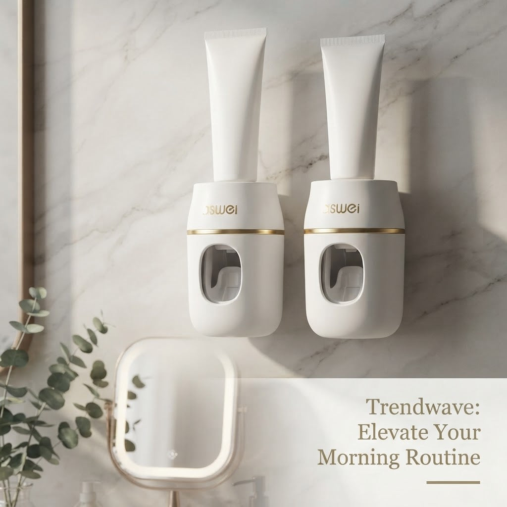 White automatic toothpaste dispensers with wall-mounted holder, twin set