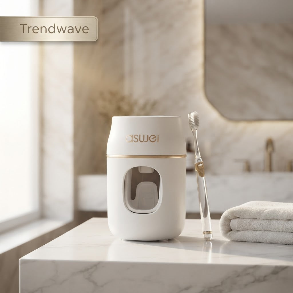 White automatic toothpaste dispenser on countertop, wall-mount ready