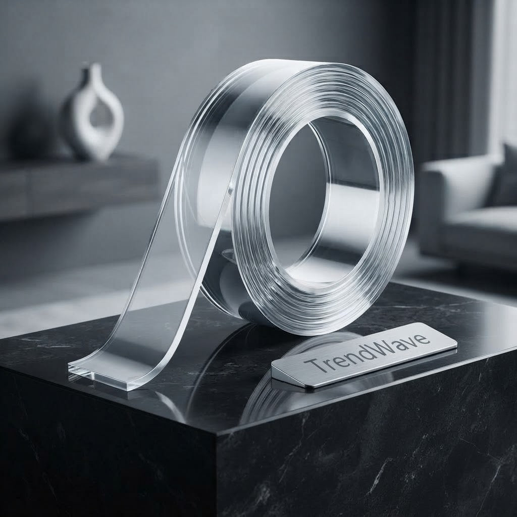 Double-sided reusable tape roll on metal tray dispenser with clear tape strip