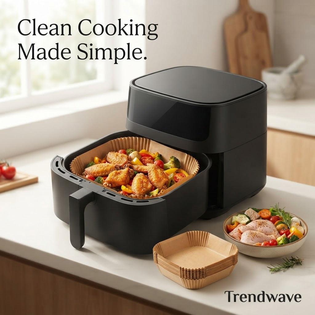 Trendwave™ disposable round air fryer parchment liner with cooked chicken in basket