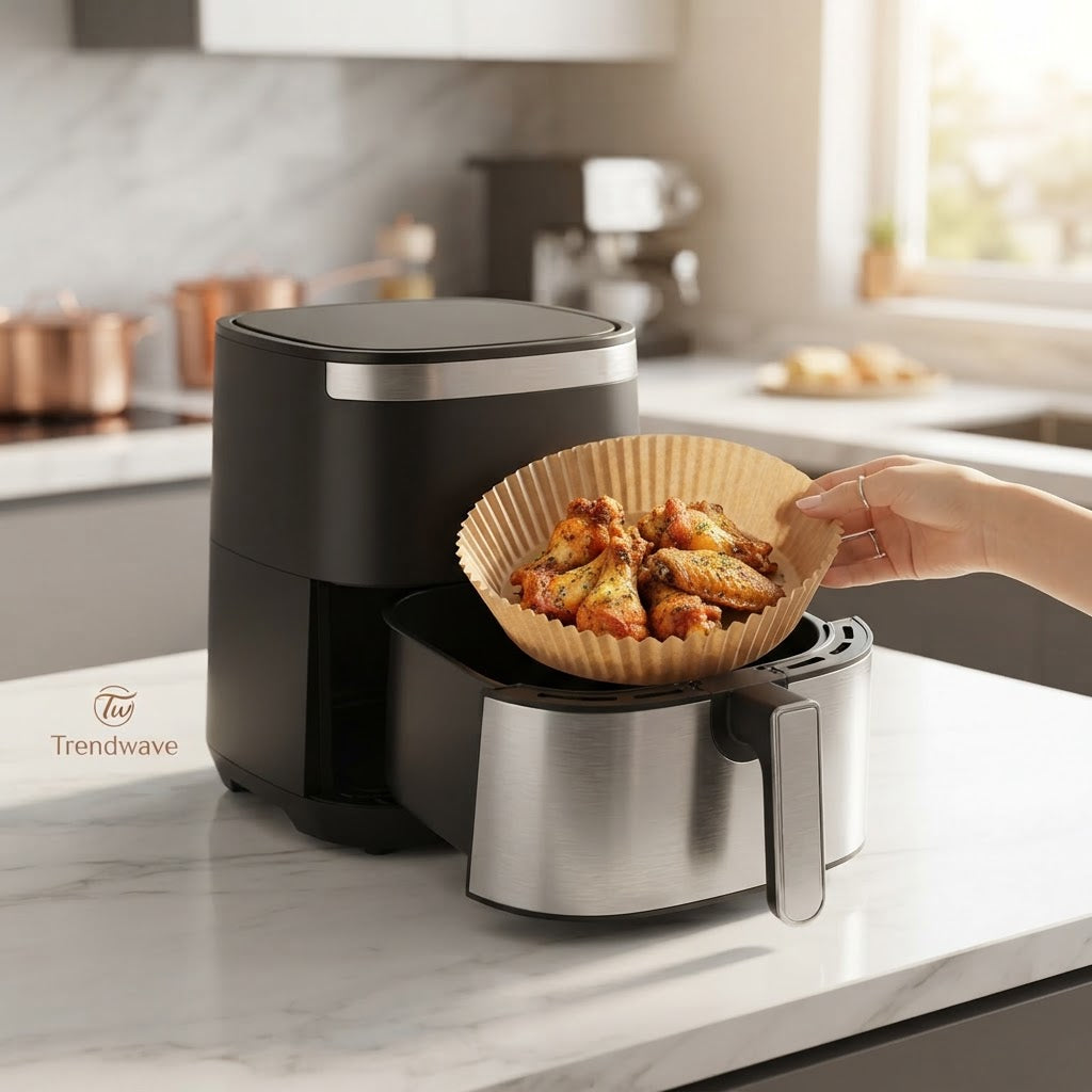 Trendwave™ round parchment liner held above air fryer basket by hand