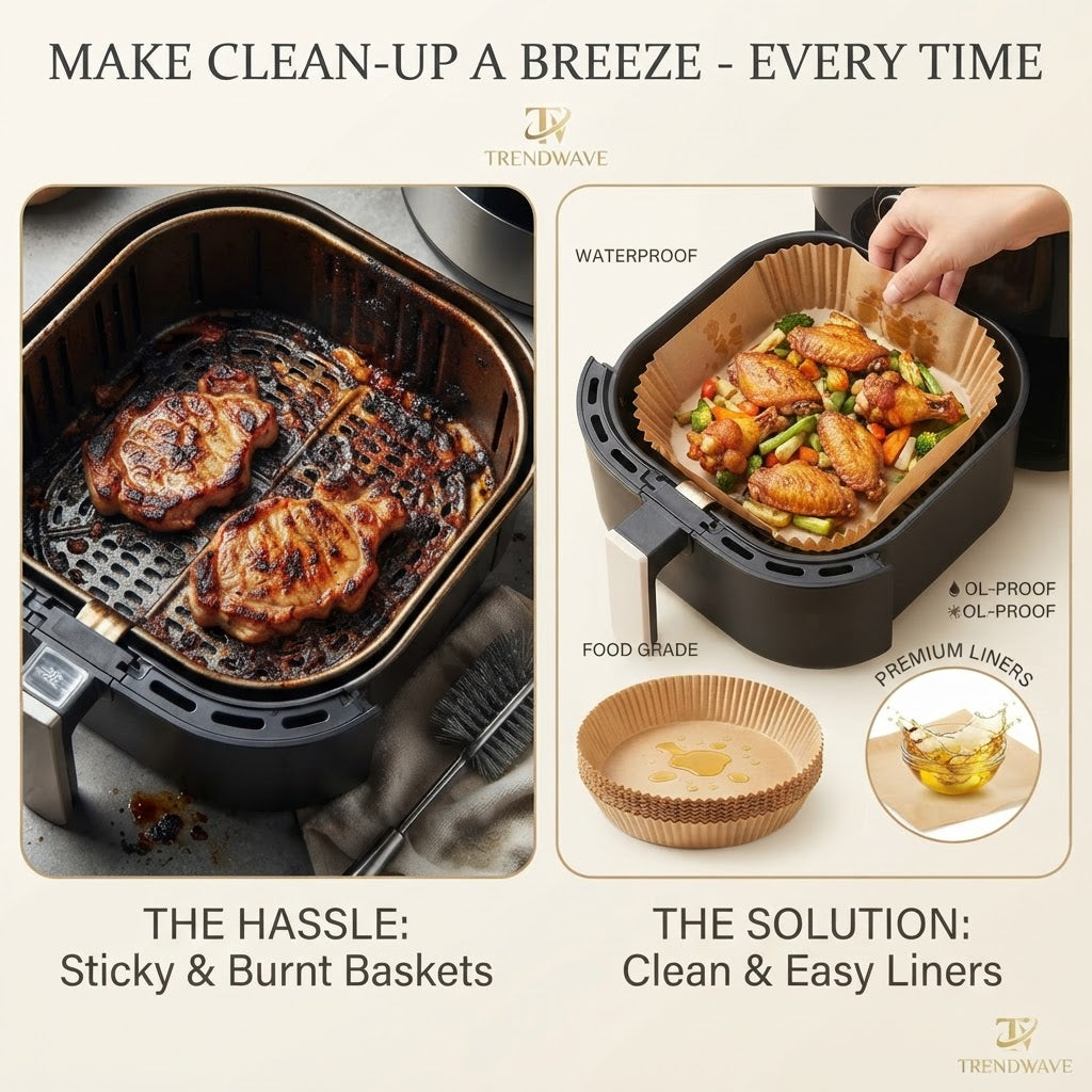 Trendwave™ air fryer liner box showing round parchment liners and oil protection icons