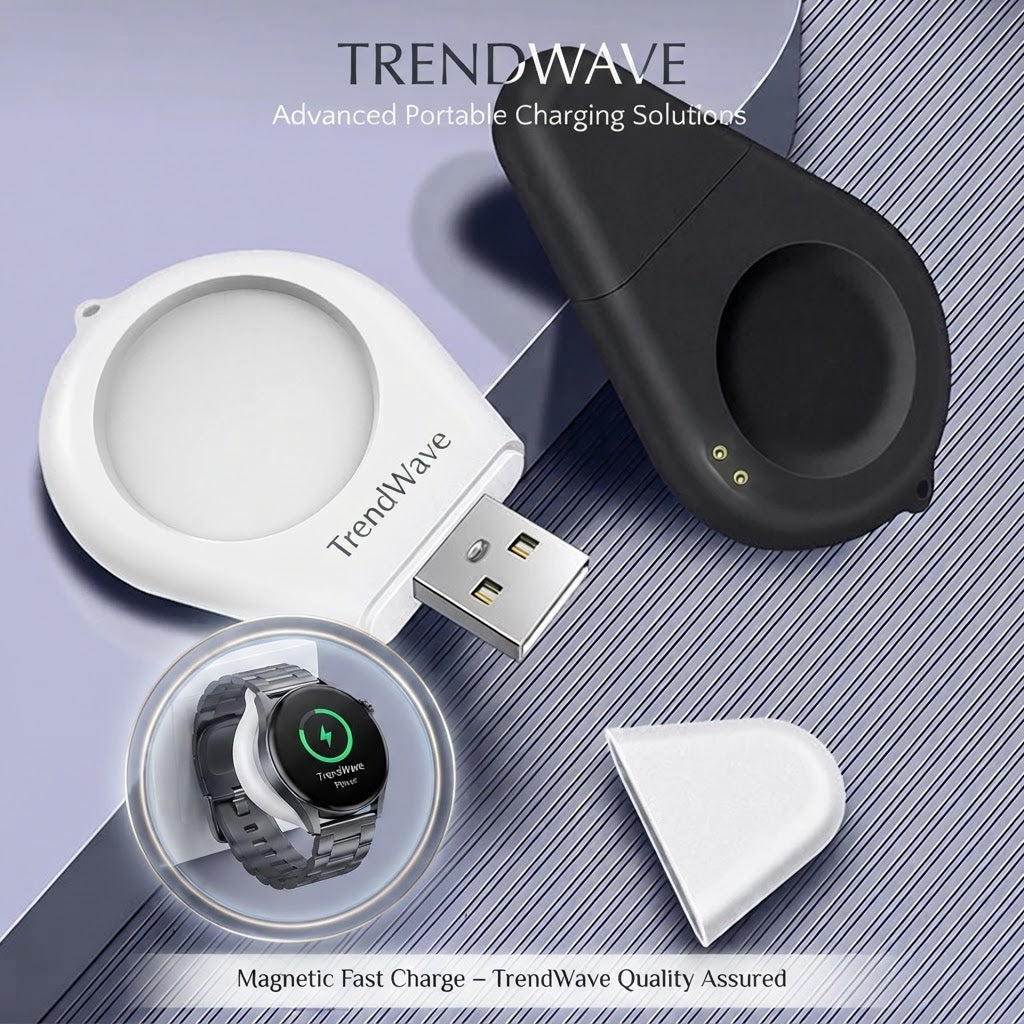 White magnetic smartwatch charging dock with USB charger, plus matching black dock