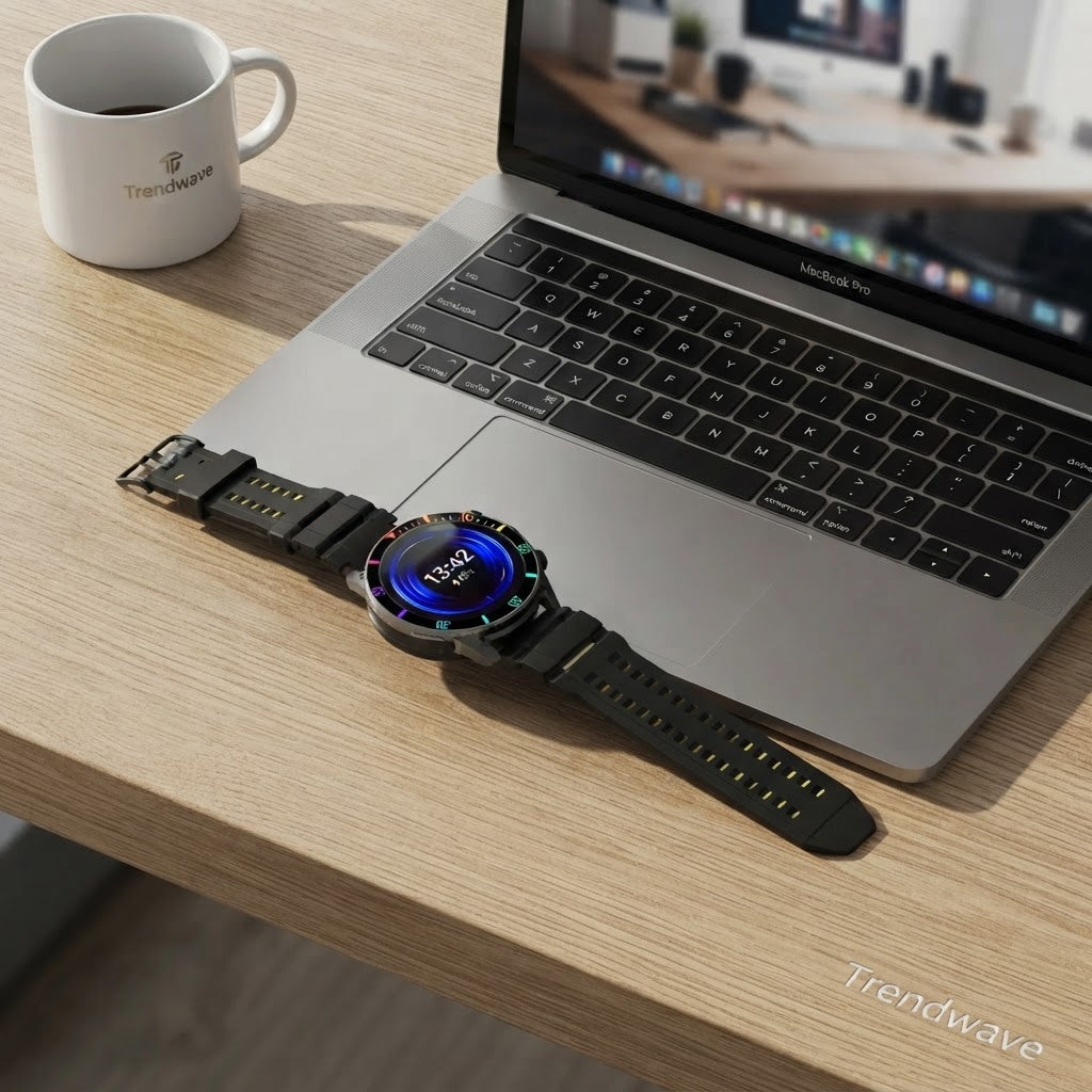 Black USB smartwatch charging dock stand resting on desk beside laptop