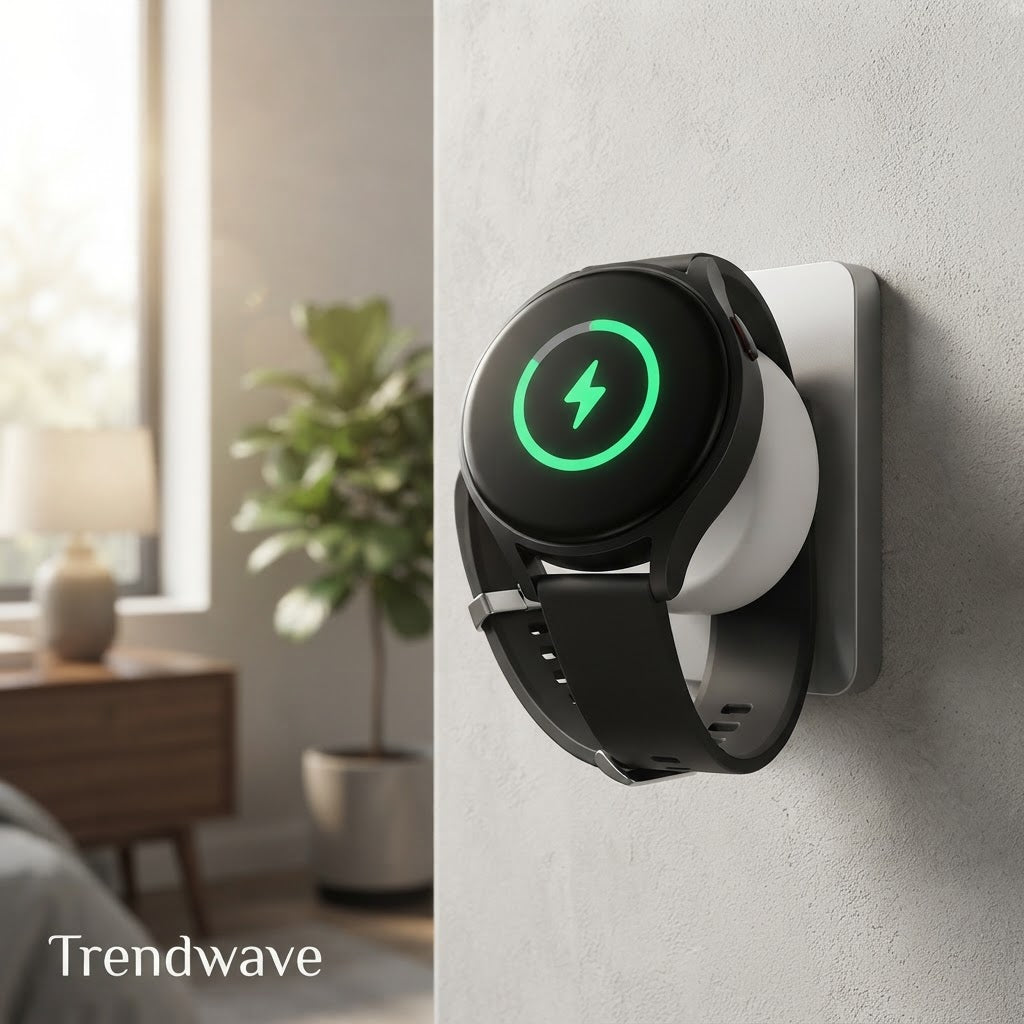 Black smartwatch charging dock stand with magnetic cradle and green charge icon